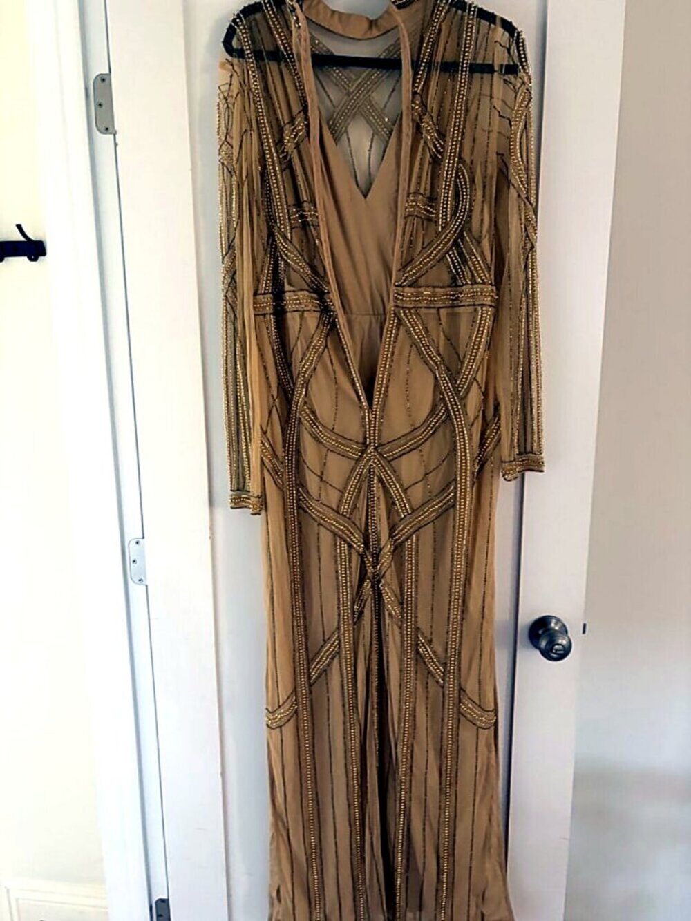 ASOS Design Gold Beaded Sheer Long Sleeve Maxi 12